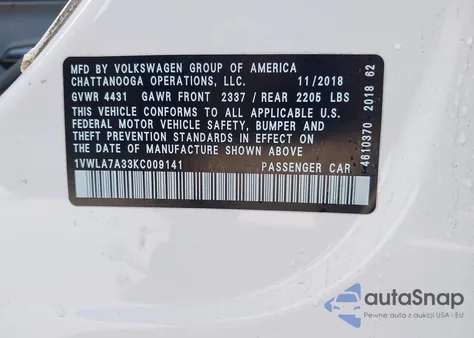 2019 Volkswagen Passat 2.0T Wolfsburg Edition from USA, damaged, VIN 1VWLA7A33KC009141